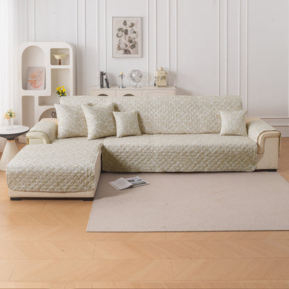 Elira Series Quilted One-Piece L Shape Sofa Cover Mat with Left and Right Chaise, Beige Abstract Geometry