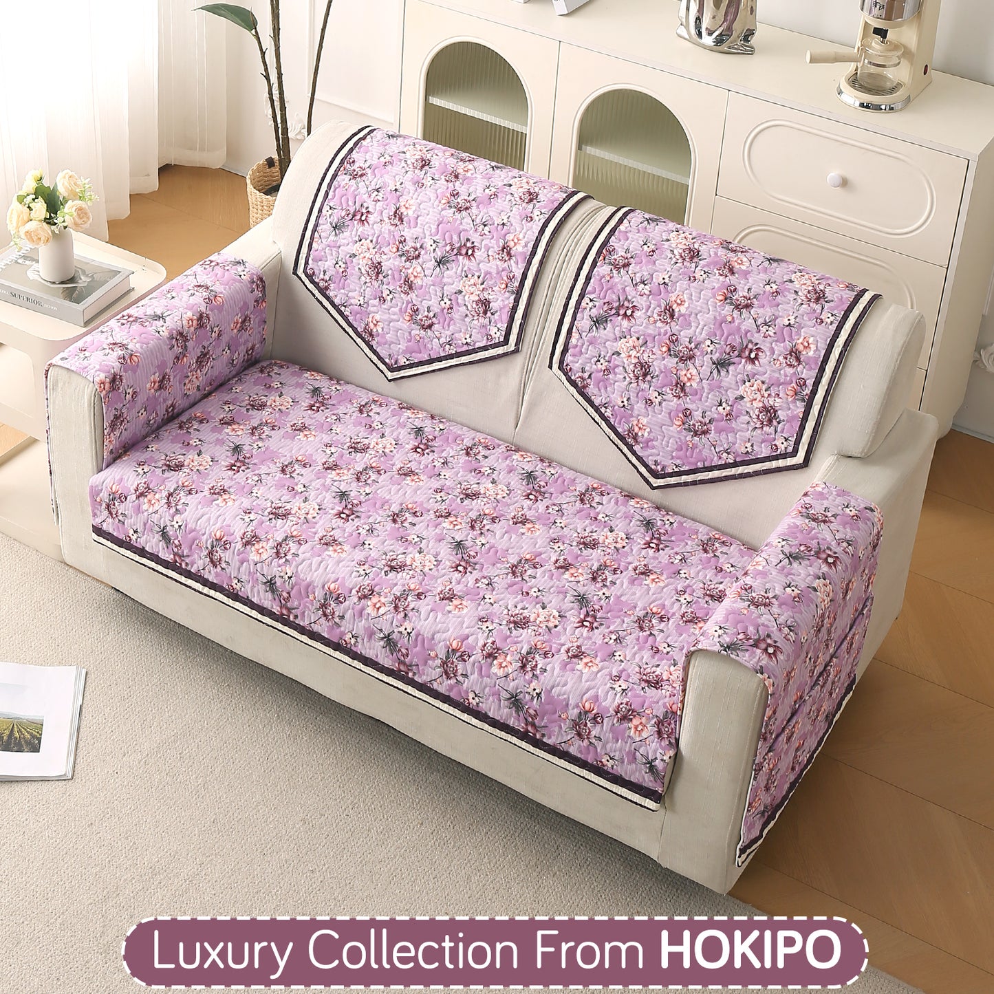 Florentina Series Printed Holland Velvet Sofa Mat - Peony Lavender