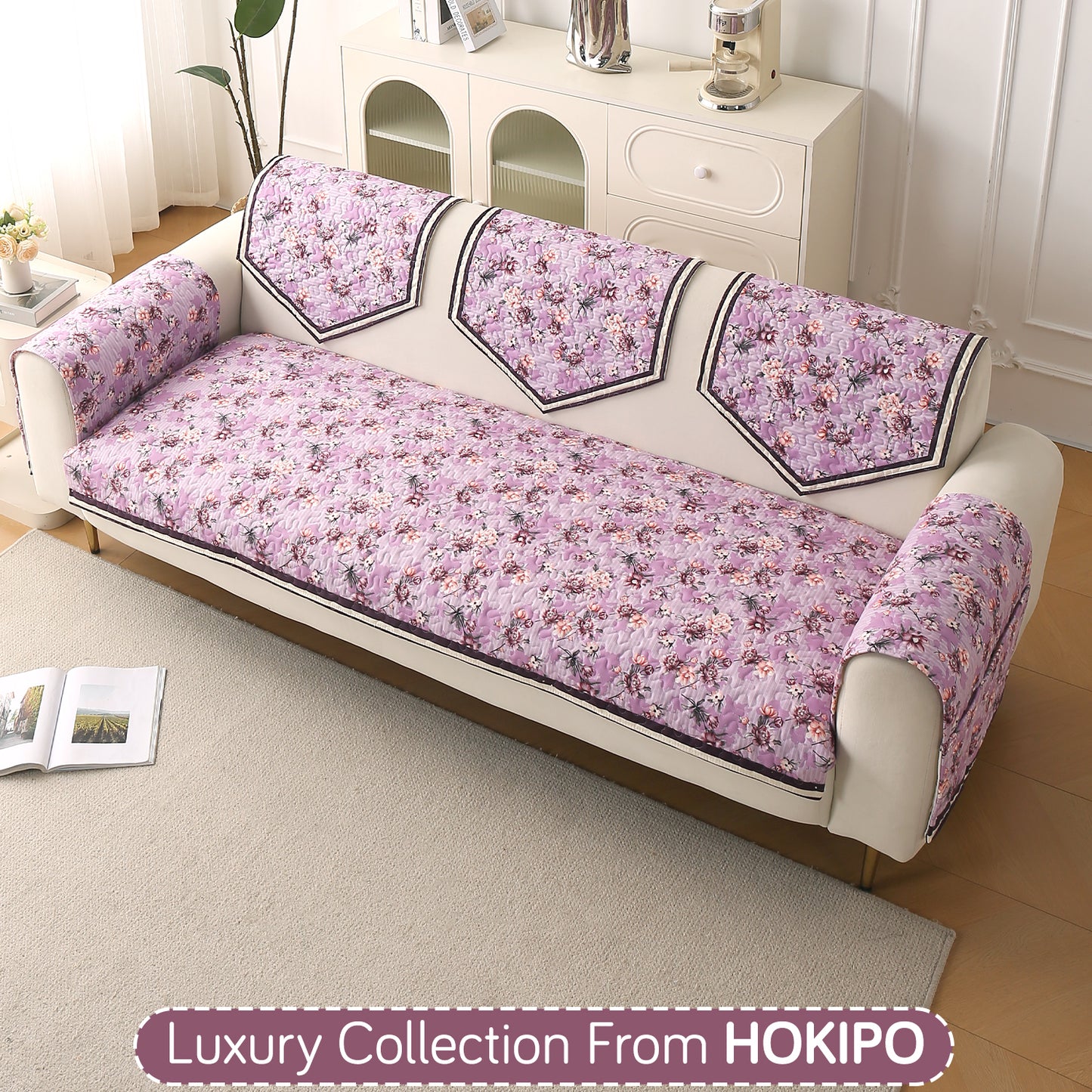 Florentina Series Printed Holland Velvet Sofa Mat - Peony Lavender