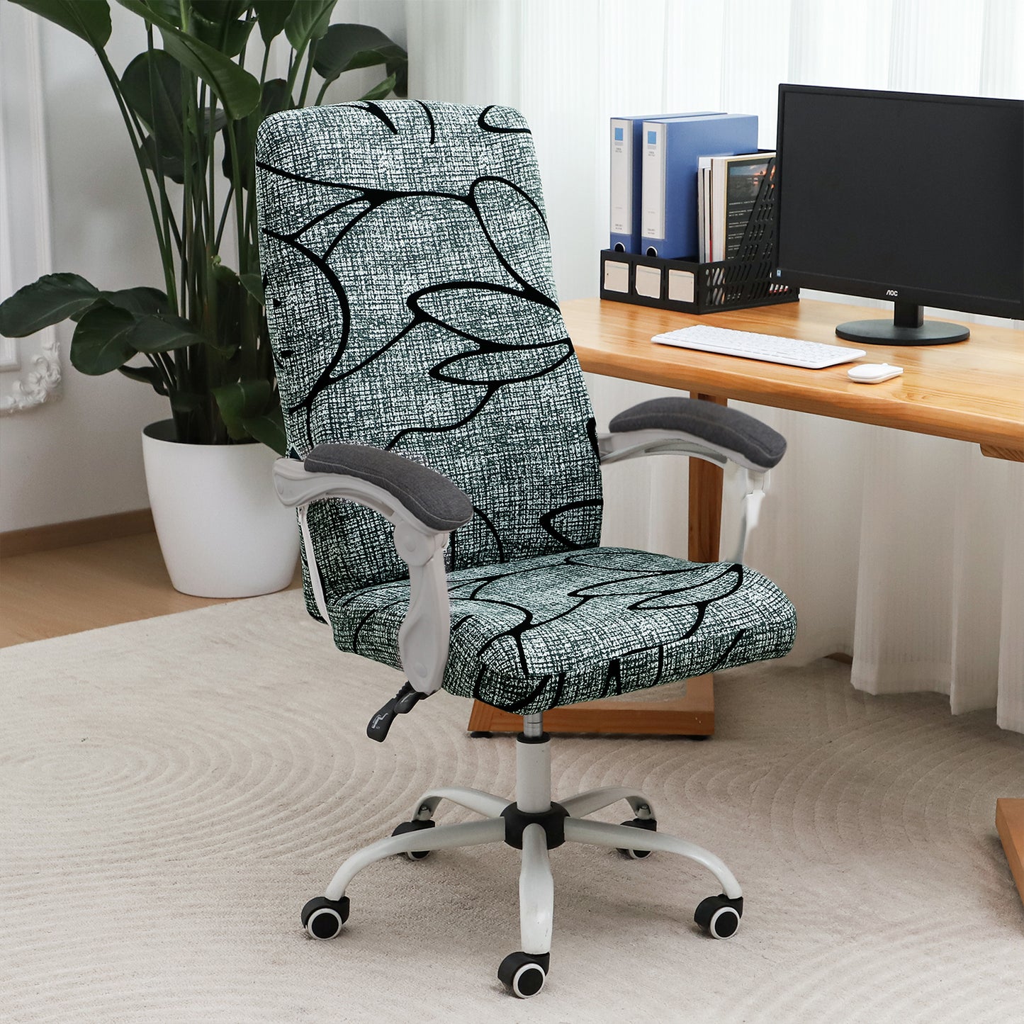 Printed Office Chair Cover for Executive Chair (High-Back) – 140 GSM Stretchable Fabric – Washable & Anti-Slip – Fits Big & Tall Office Chairs, Intense Grey Abstract Floral