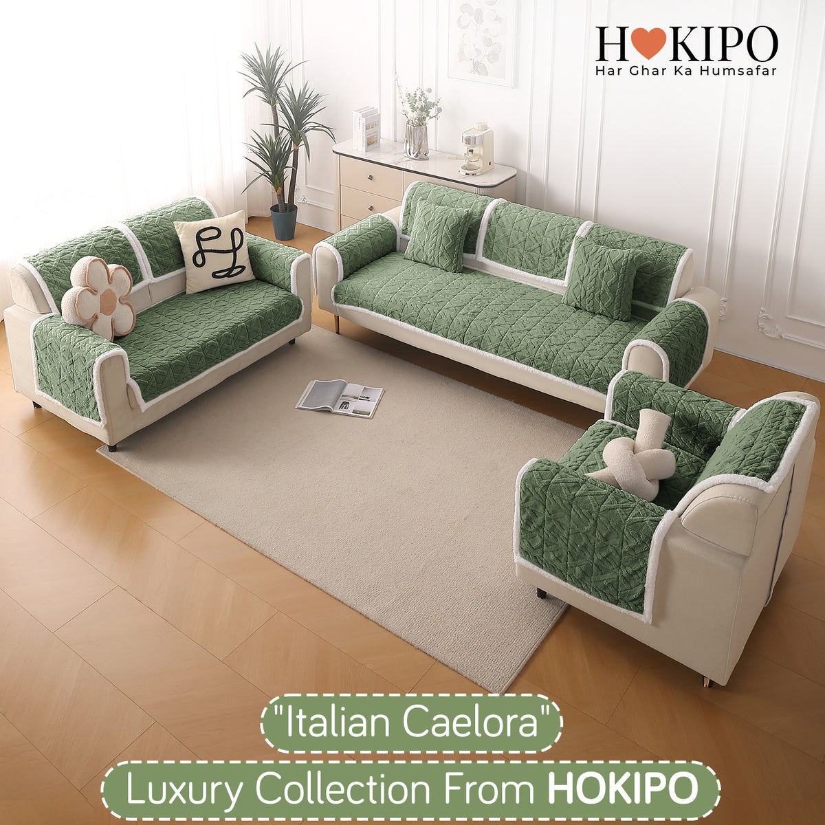 'Italian Caelora' Luxury Jacquard Plush Anti-Slip Sofa Cover Mat - Sage Green