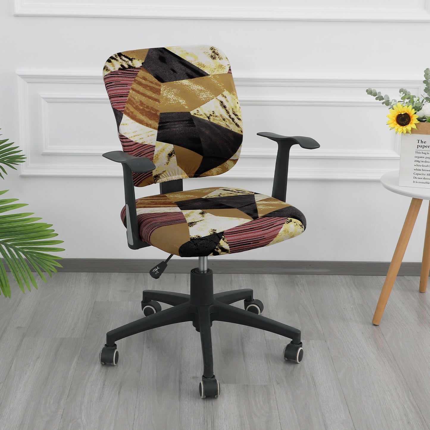 Printed Office Chair Cover for Task Chair – 140 GSM Stretchable Fabric – Washable & Anti-Slip – Fits Small Office Chairs Without Headrest, Wine Abstract Geometry