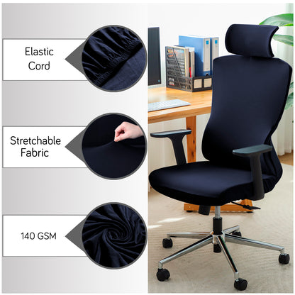 Office Chair Cover with Headrest (High-Back) – 140 GSM Stretch Fabric – Washable, Anti-Slip Fit for Ergonomic Mesh Office Chairs, Navy Blue