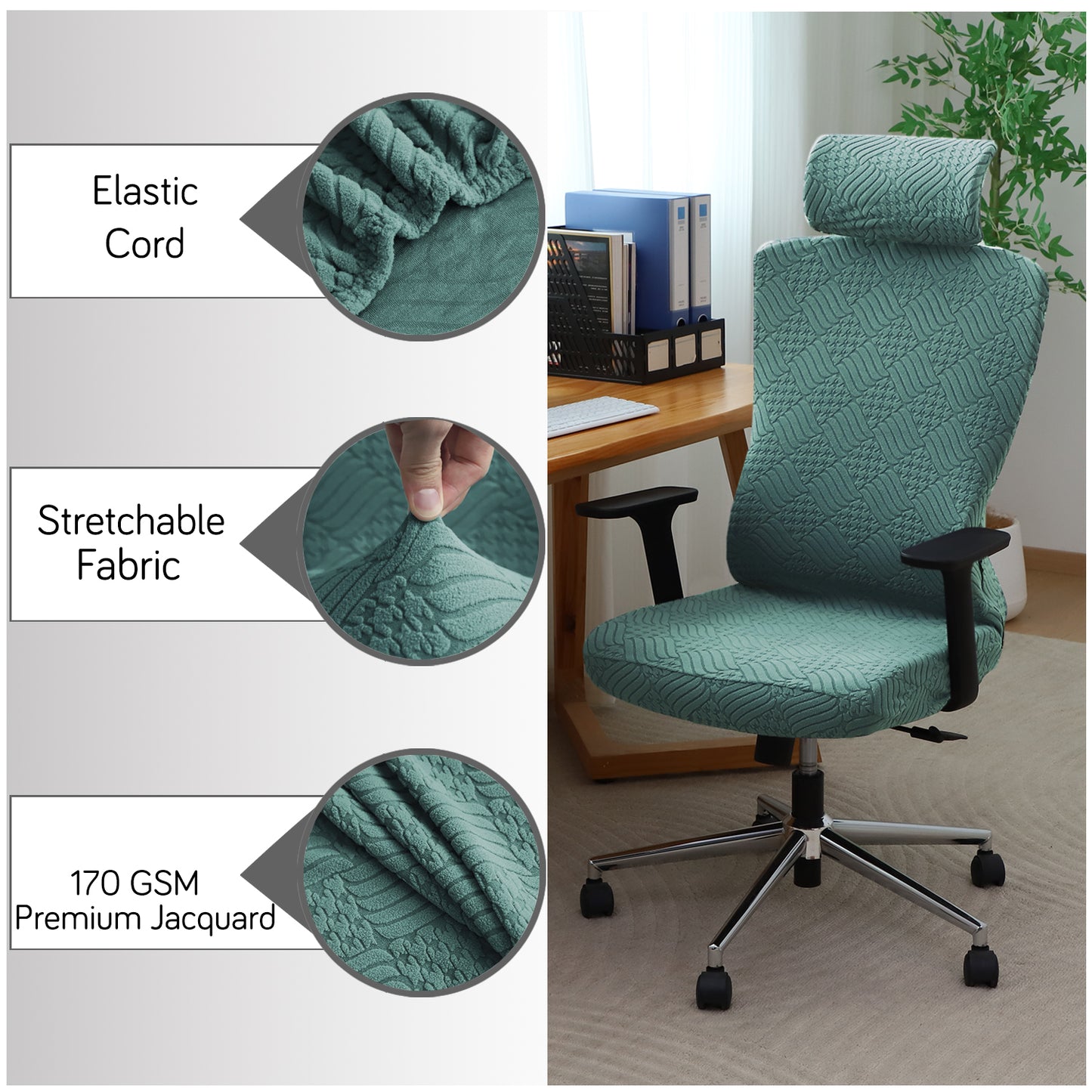 Office Chair Cover with Headrest (High-Back) – 170 GSM Stretch Jacquard – Washable, Anti-Slip Fit for Ergonomic Mesh Office Chairs, Green