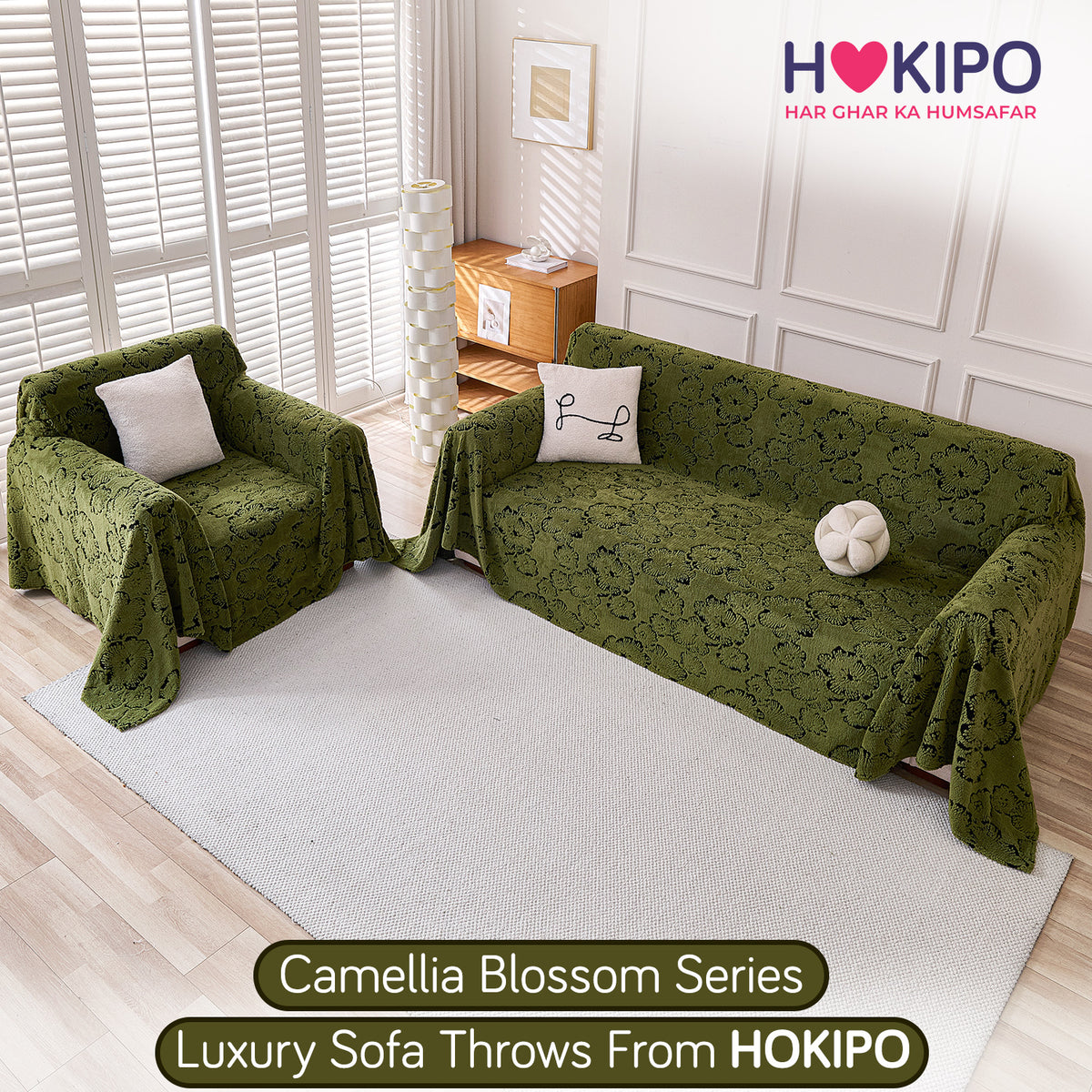 Buy Forest Olive Colour Camellia Blossom Luxury Plush Sofa Cover​ for 3 2 seater​ sofa | HOKIPO
