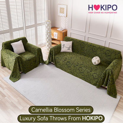 Buy Forest Olive Colour Camellia Blossom Luxury Plush Sofa Cover​ for 3 2 seater​ sofa | HOKIPO