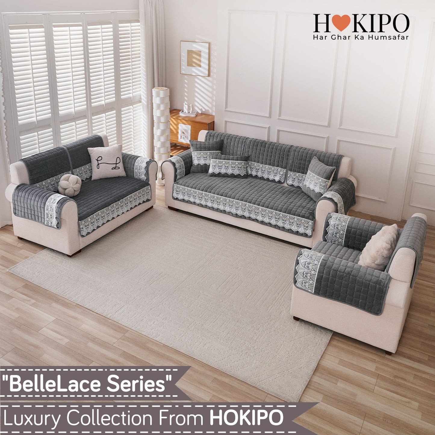 BelleLace Series Imperial Milk Velvet Sofa Cover Mat with Lace Design - Porpoise Grey