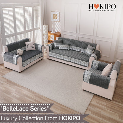 BelleLace Series Imperial Milk Velvet Sofa Cover Mat with Lace Design - Porpoise Grey