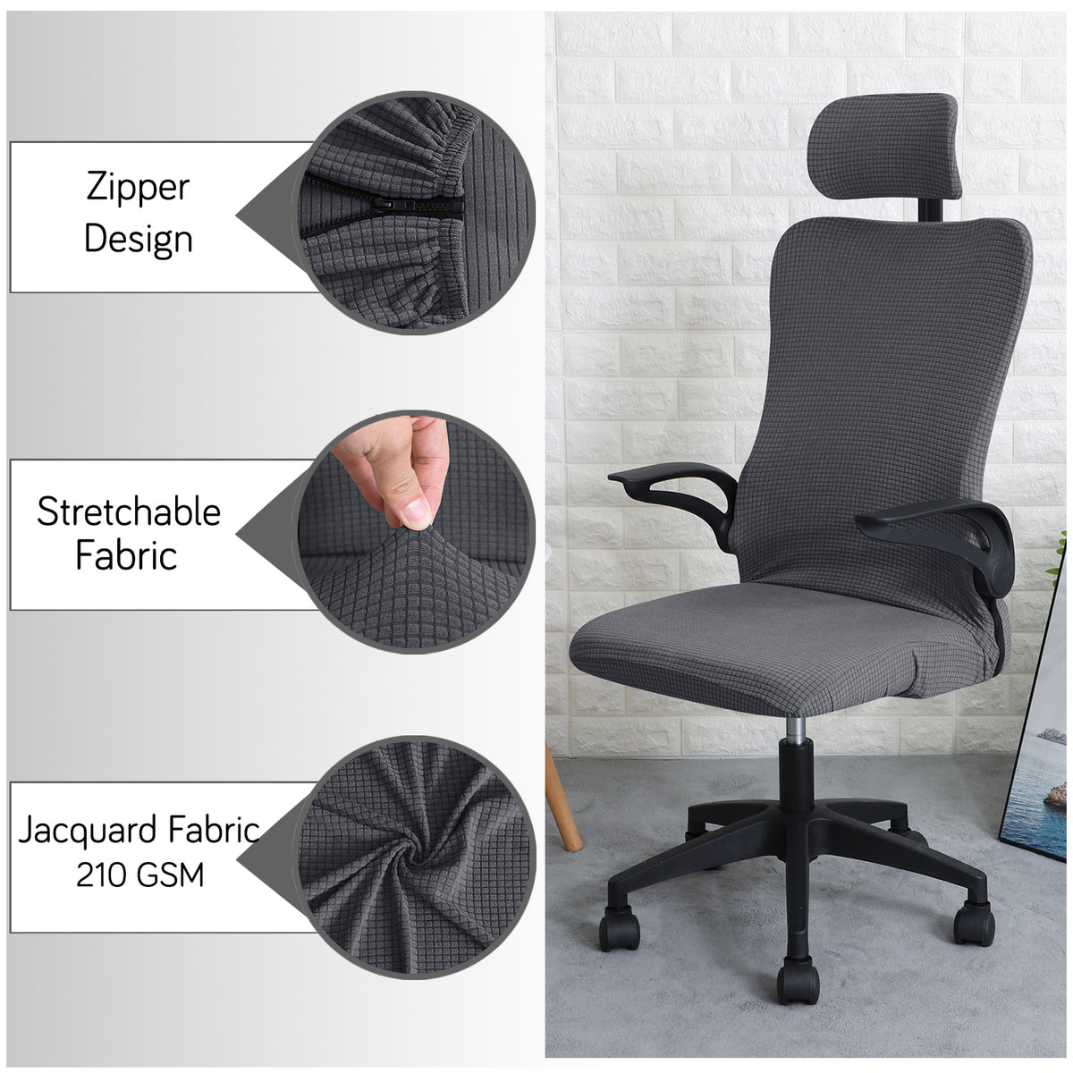 Water Repellent Office Chair Cover with Headrest (High-Back) – 210 GSM Stretch Jacquard – Washable, Anti-Slip Fit for Ergonomic Mesh Office Chairs, Dark Grey