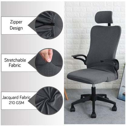 Water Repellent Office Chair Cover with Headrest (High-Back) – 210 GSM Stretch Jacquard – Washable, Anti-Slip Fit for Ergonomic Mesh Office Chairs, Dark Grey