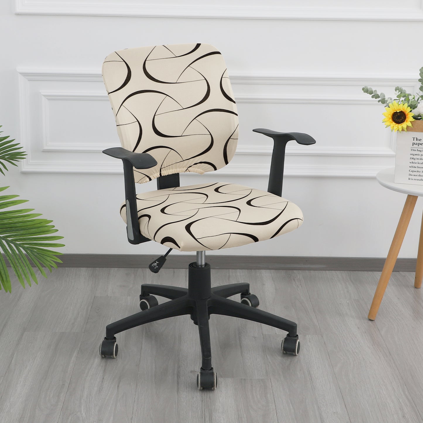 Printed Office Chair Cover for Task Chair – 140 GSM Stretchable Fabric – Washable & Anti-Slip – Fits Small Office Chairs Without Headrest, Natural Beige Abstract Art