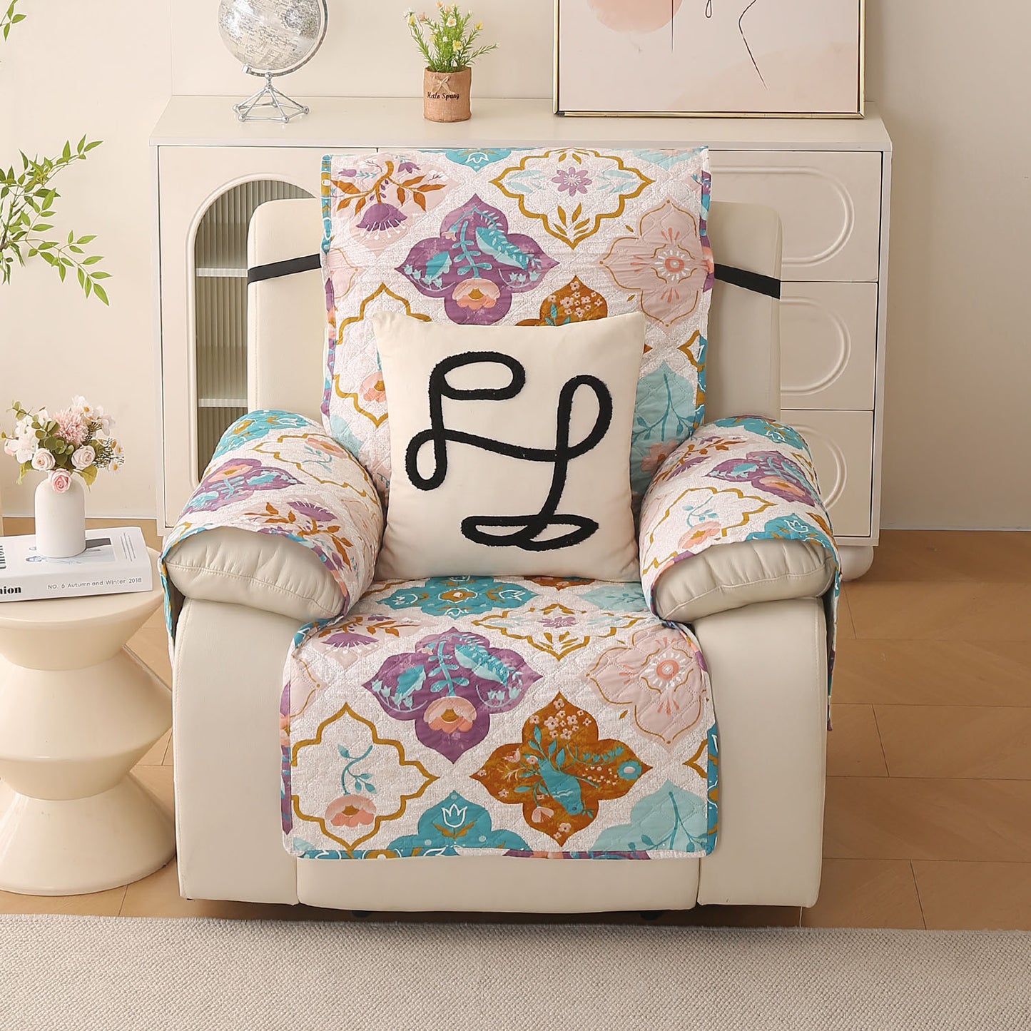 Quilted Printed Recliner Mats for 1 Seater Recliner Sofa, Quatrefoil Multicolor