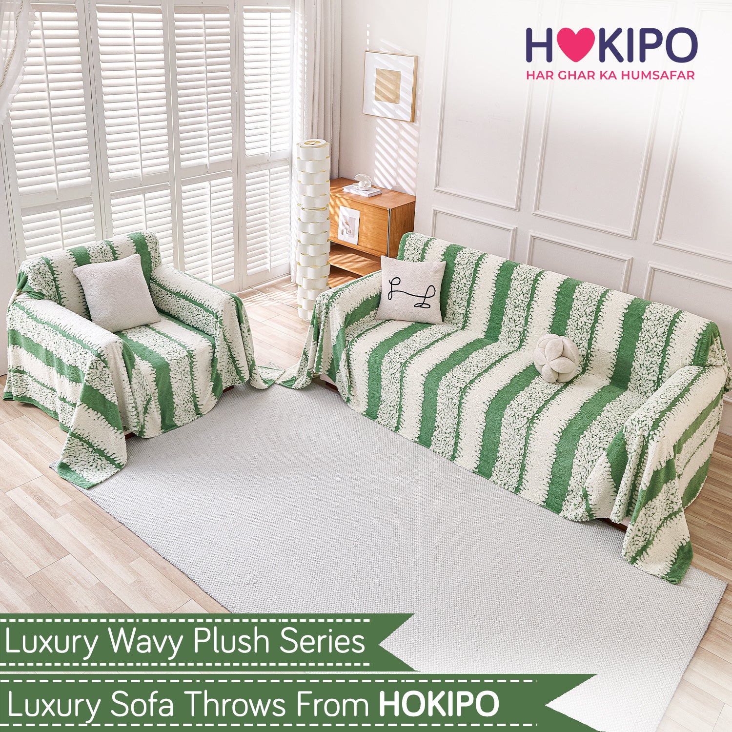 Buy Pistachio Green Colour Luxury Wavy Plush Sofa Throw for 3+1​ Seater Sofa Set | HOKIPO