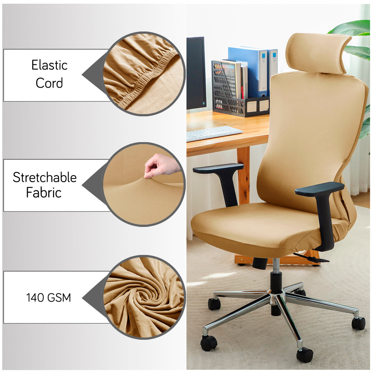 Office Chair Cover with Headrest (High-Back) – 140 GSM Stretch Fabric – Washable, Anti-Slip Fit for Ergonomic Mesh Office Chairs, Camel