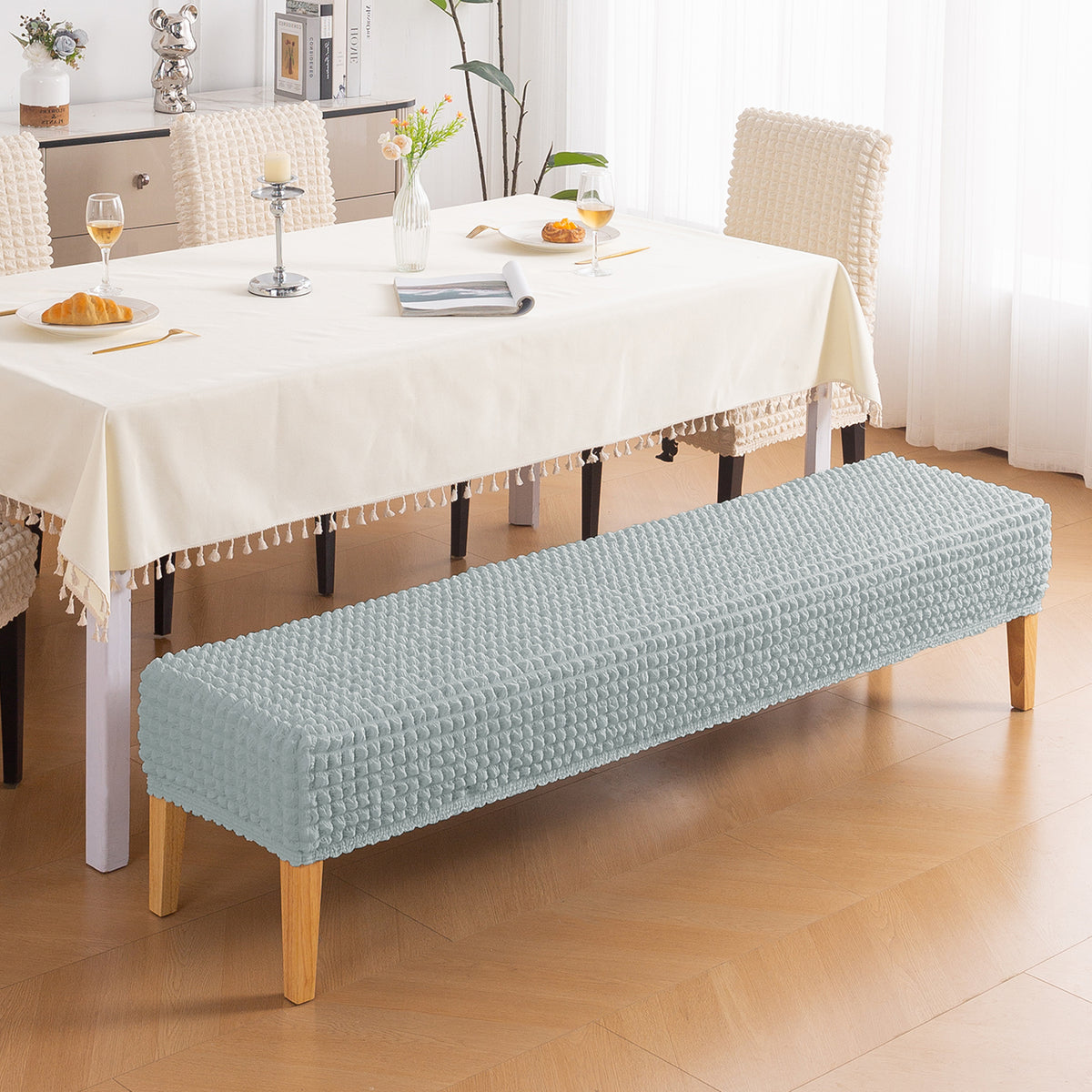 Aria Nova 280 GSM Stretchable Bubble Dining Bench Cover, Light Grey