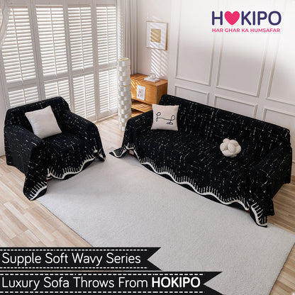 'Supple Soft Wavy' Plush Sofa Cover Throw for Complete Sofa, Black