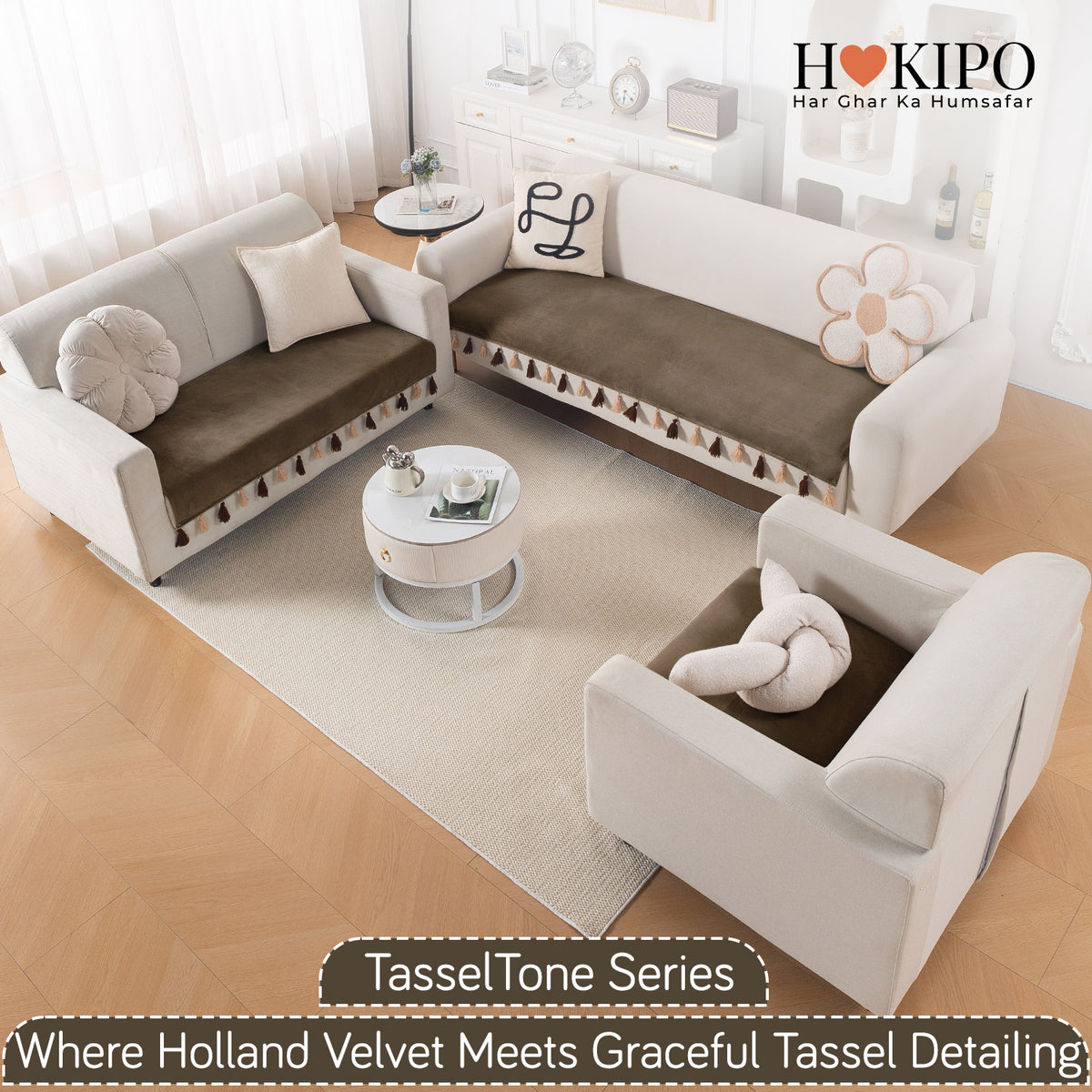 Tassel Tone Holland Velvet Sofa Cover Mat, Coffee Brown