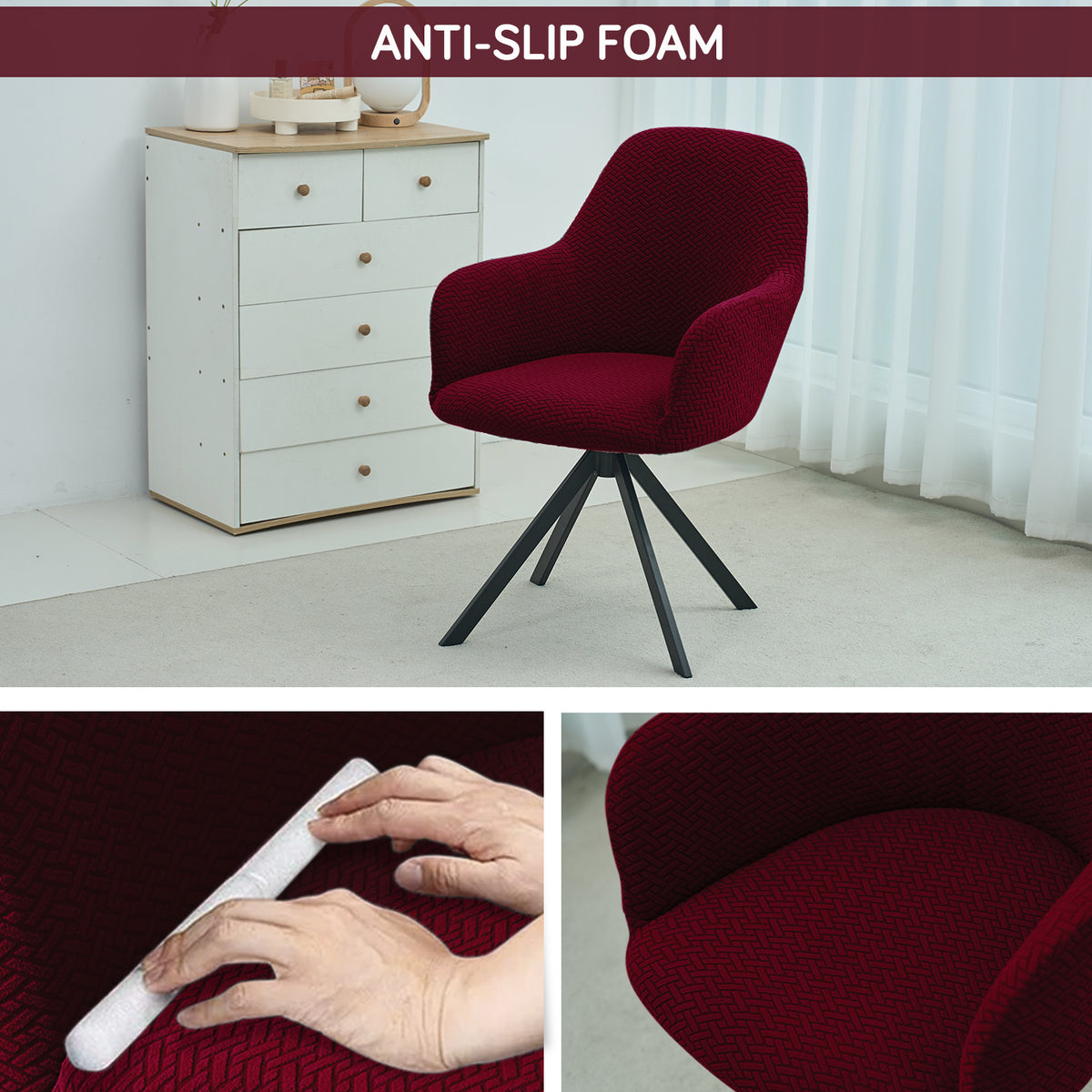 Premium Jacquard Fully Covered Cover for Swivel Dining Chair with Arms, Burgundy