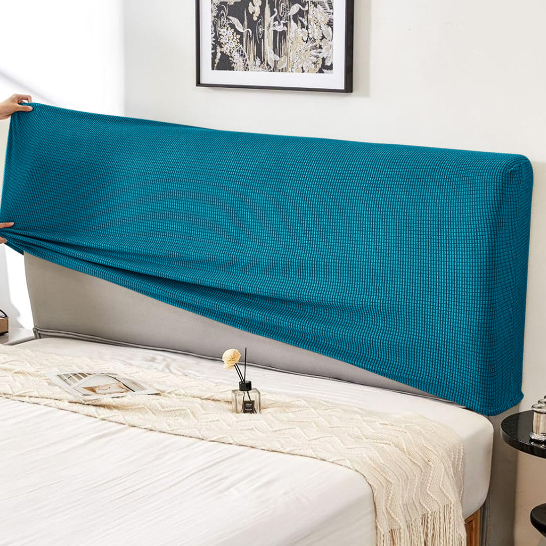 HOKIPO Jacquard Stretchable Bed Headboard Cover, Teal