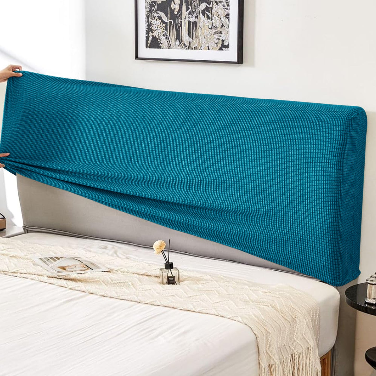 HOKIPO Jacquard Stretchable Bed Headboard Cover, Teal