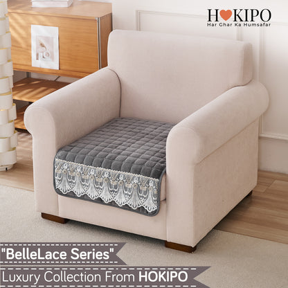 BelleLace Series Imperial Milk Velvet Sofa Cover Mat with Lace Design - Porpoise Grey