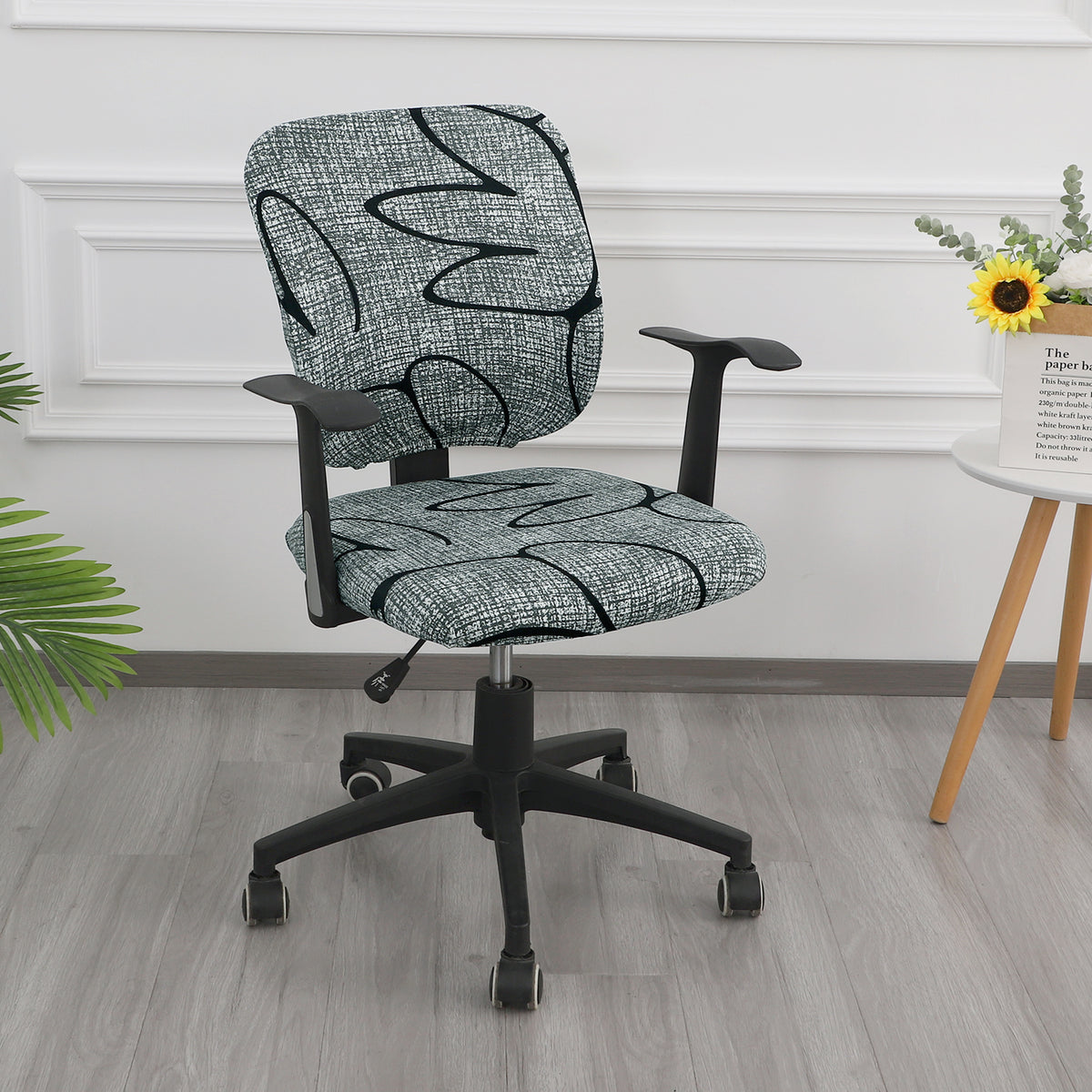 Printed Office Chair Cover for Task Chair – 140 GSM Stretchable Fabric – Washable & Anti-Slip – Fits Small Office Chairs Without Headrest, Intense Grey Abstract Floral