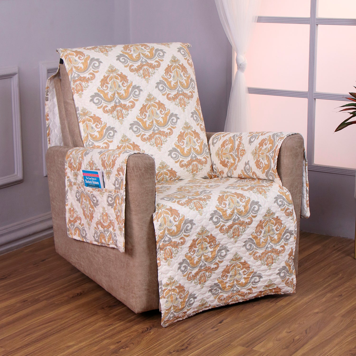 Quilted Printed Recliner Mats for 1 Seater Recliner Sofa, Damask Beige