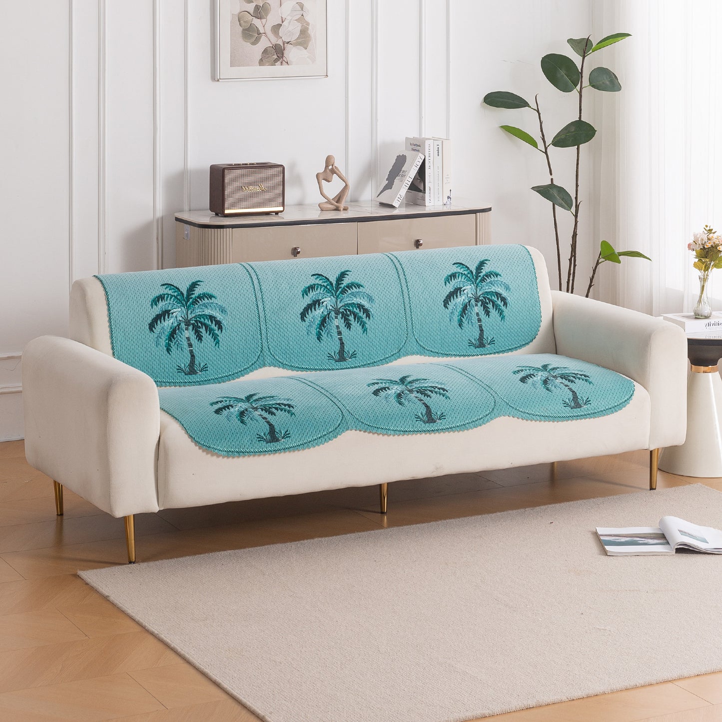 HeavenHue Fleece Soft Touch Quilted Sofa Cover Set Washable Sofa Panel for Seat & Back - Island Breeze