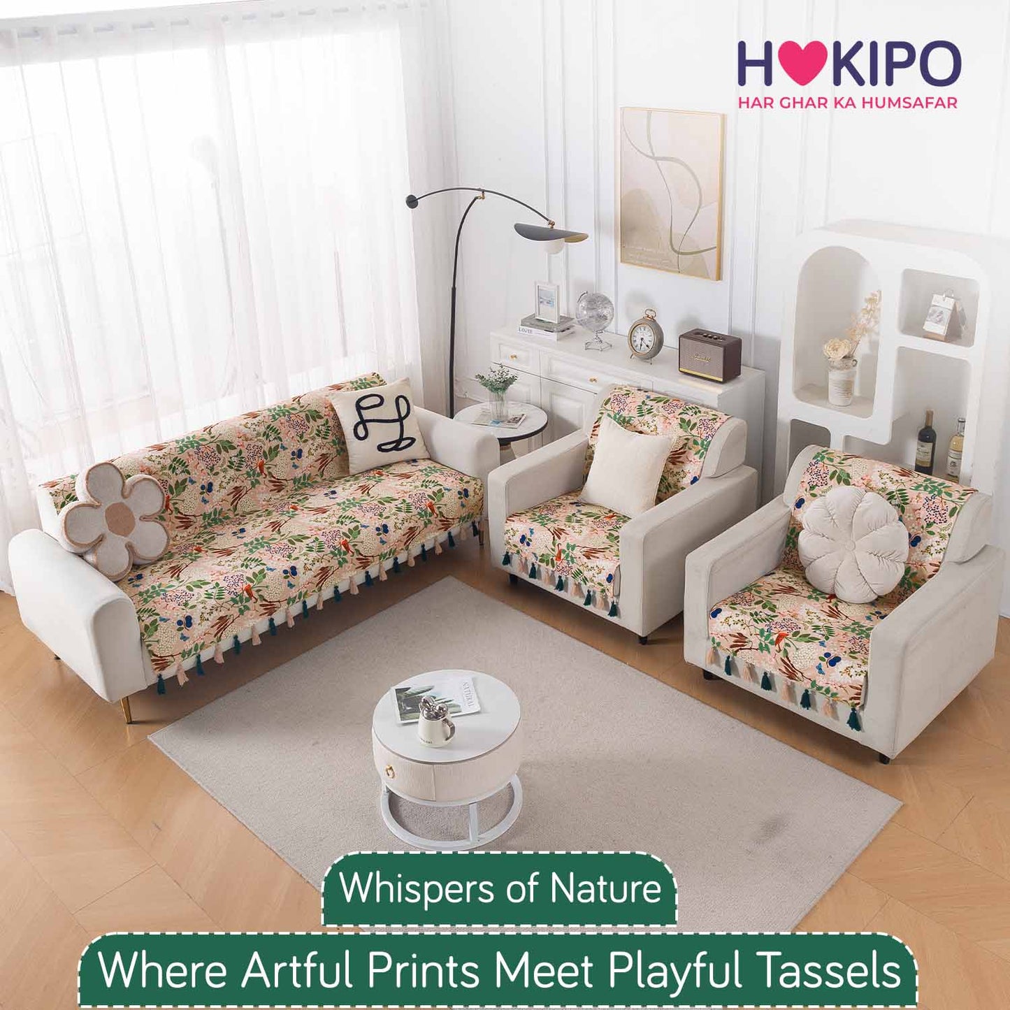 Holland Velvet 5-Seater Sofa Cover with Tassel (3+1+1), Beige Woodland Bloom