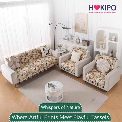 Holland Velvet 5-Seater Sofa Cover with Tassel (3+1+1), Beige Woodland Bloom