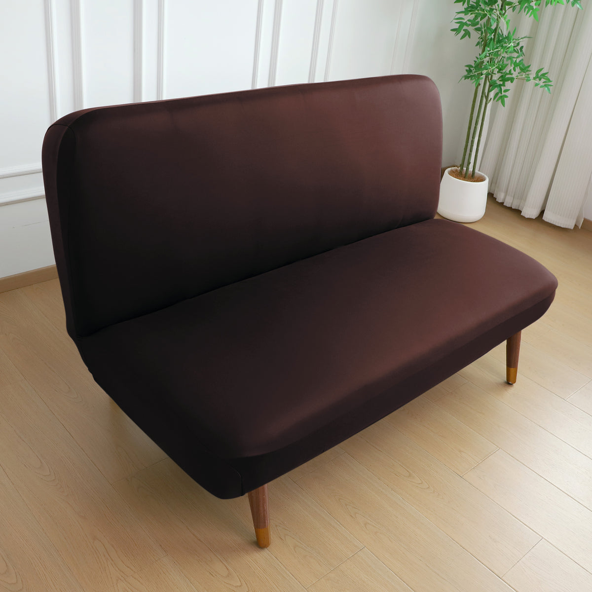 SereneSolids Stretchable Elastic Armless Sofa Cover – 140 GSM, Futon Slipcover, Easy Fit, Coffee