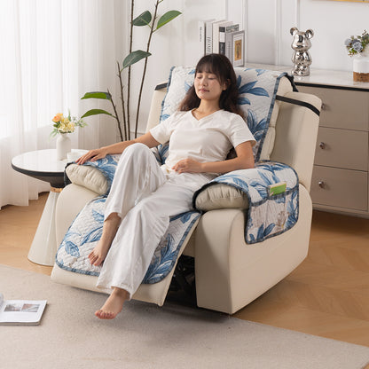 Quilted Cover for Recliner Sofa with SecureFit Belt & Side Pocket, Celadon Blue Camellia