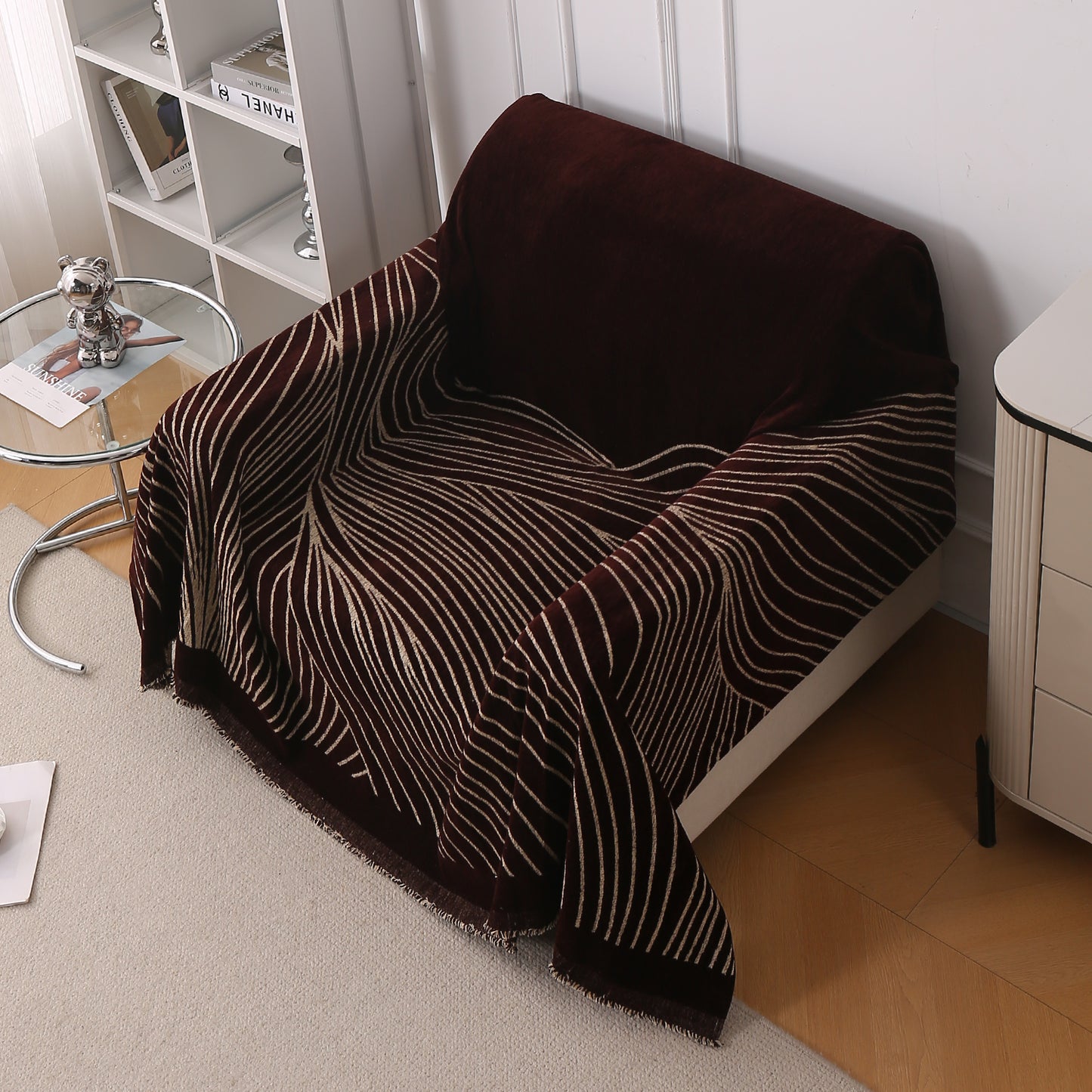 WaveLoom Collection Printed Chenille Sofa Cover Throw Blanket, Dark Coffee