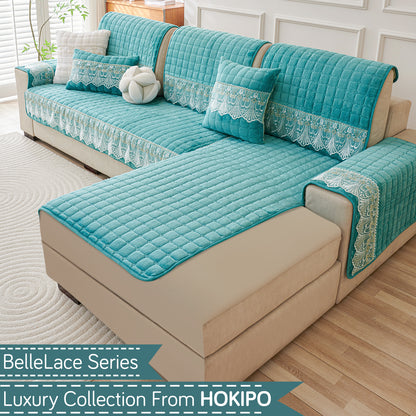 BelleLace Series Imperial Milk Velvet L Shape Sofa Cover Mat with Lace Design - Teal