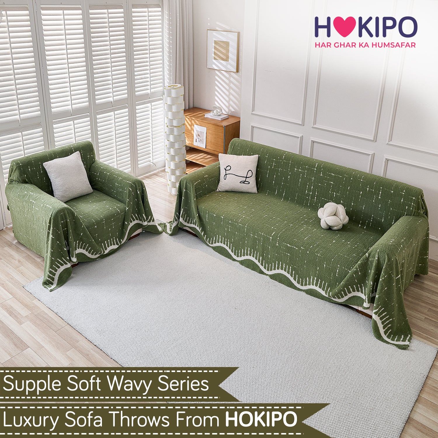 Buy Green Colour Supple Soft Wavy Plush Sofa Throw for 3+1​ Seater Sofa Set | HOKIPO