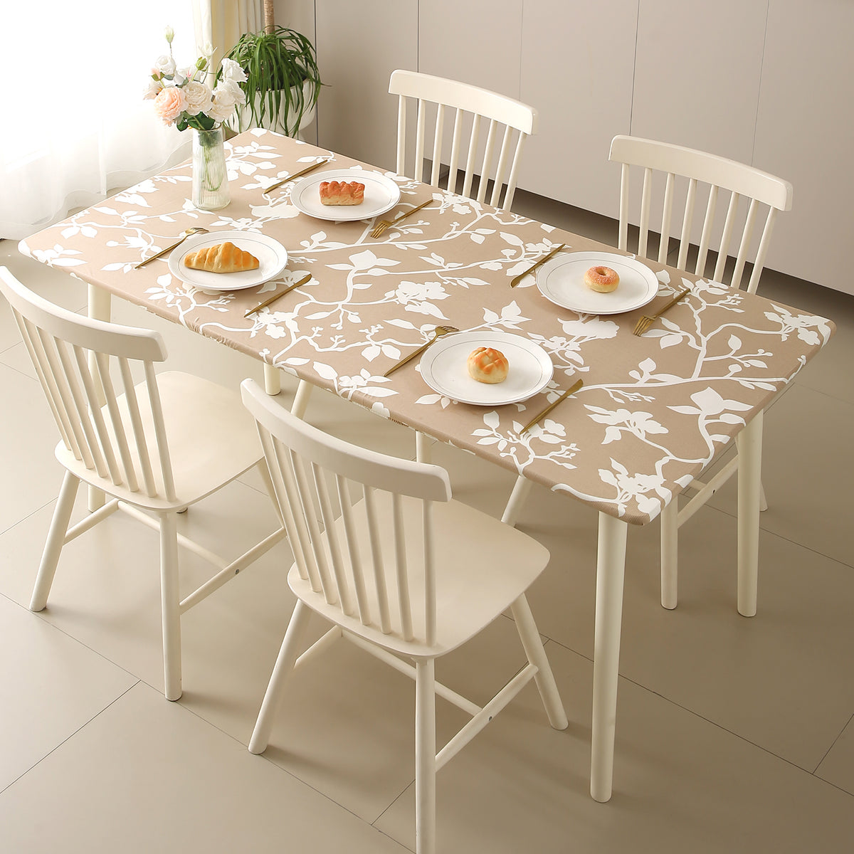 Buy Buff Brown Sillehoute Floral Printed Water-Repellent Anti-Slip Elastic Stretch Dining Table Cover- HOKIPO