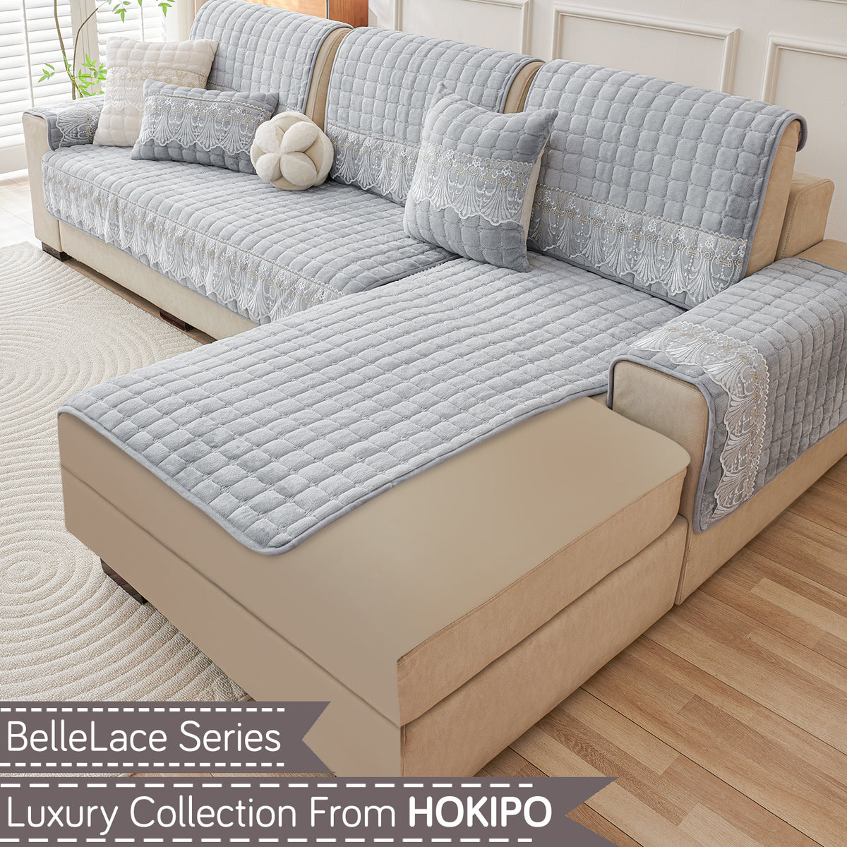 BelleLace Series Imperial Milk Velvet L Shape Sofa Cover Mat with Lace Design - Cloud Grey