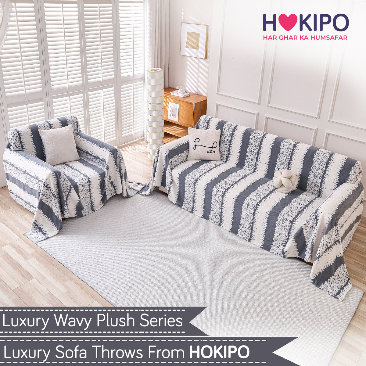 Buy Pewter Grey Colour Luxury Wavy Plush Sofa Throw for 3 1​ Seater Sofa Set | HOKIPO