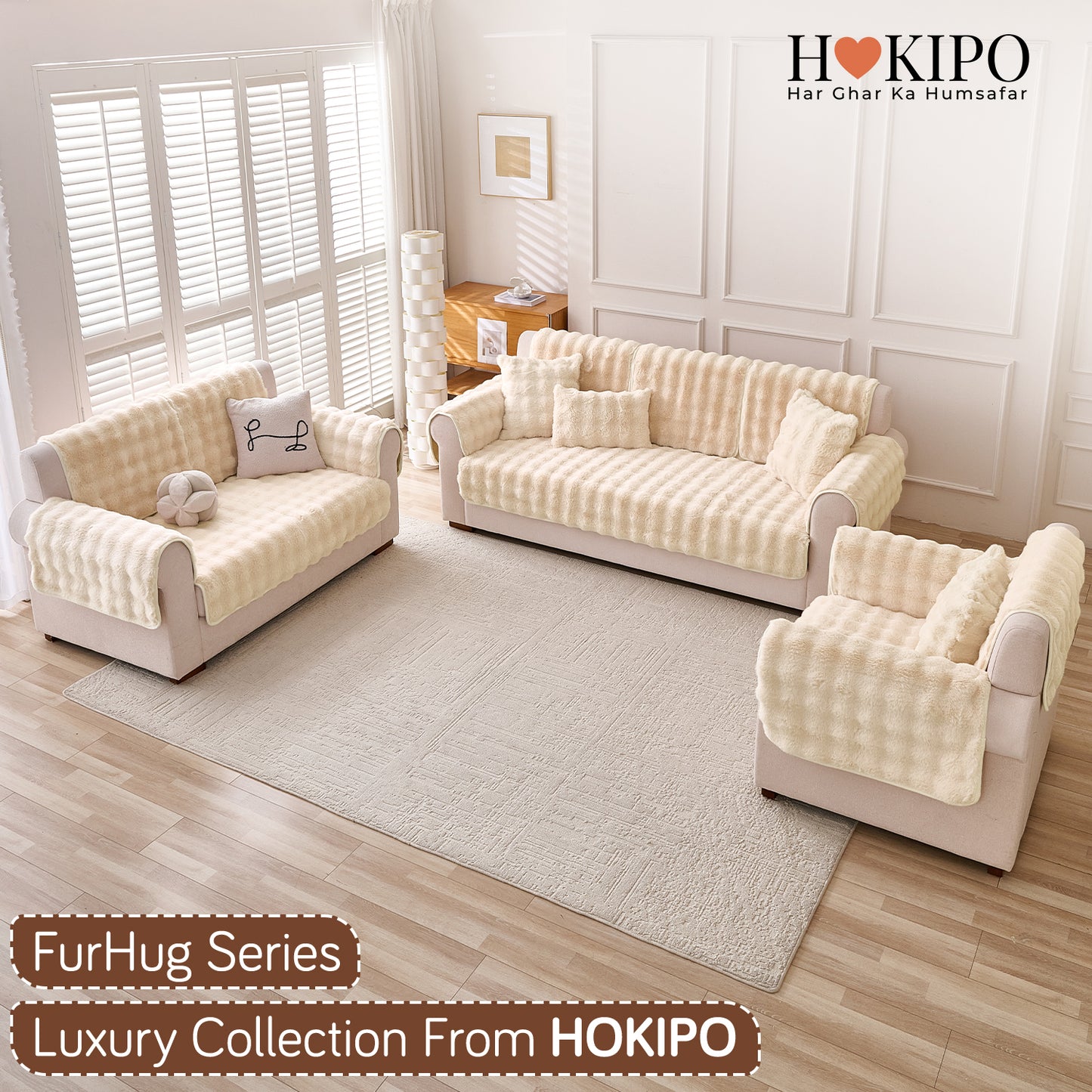 'FurHug' Premium Faux Rabbit Fur Sofa Seat Mats, Beige