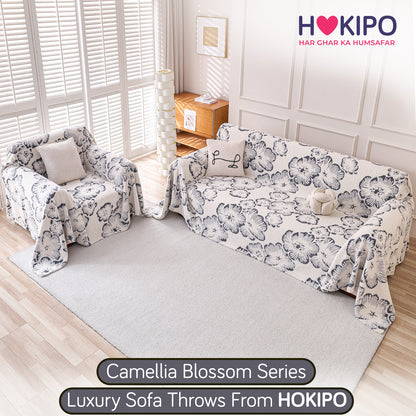 Buy Pearl Grey Colour Camellia Blossom Luxury Plush Sofa Throw​ for 3+2 seater​ sofa | HOKIPO