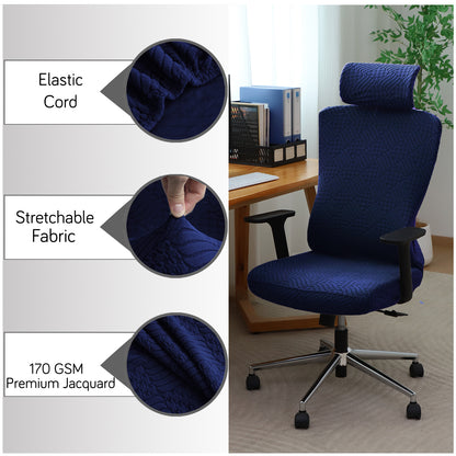 Office Chair Cover with Headrest (High-Back) – 170 GSM Stretch Jacquard – Washable, Anti-Slip Fit for Ergonomic Mesh Office Chairs, Navy Blue
