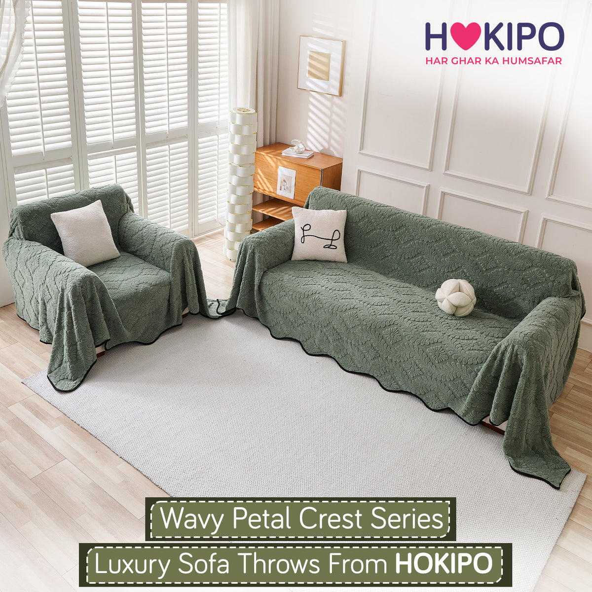 'Wavy Petal Crest Series' Plush Sofa Cover Throw for Complete Sofa, Sage Green
