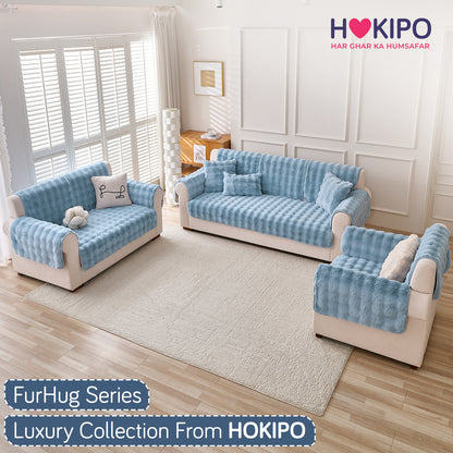 Premium Faux Rabbit Fur Anti Slip Sofa Mat for 1/2/3 Seater, Charm Blue