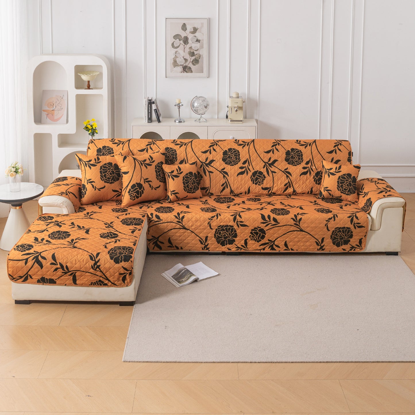 Elira Series Quilted One-Piece L Shape Sofa Cover Mat with Left and Right Chaise, Copper Brown Floral