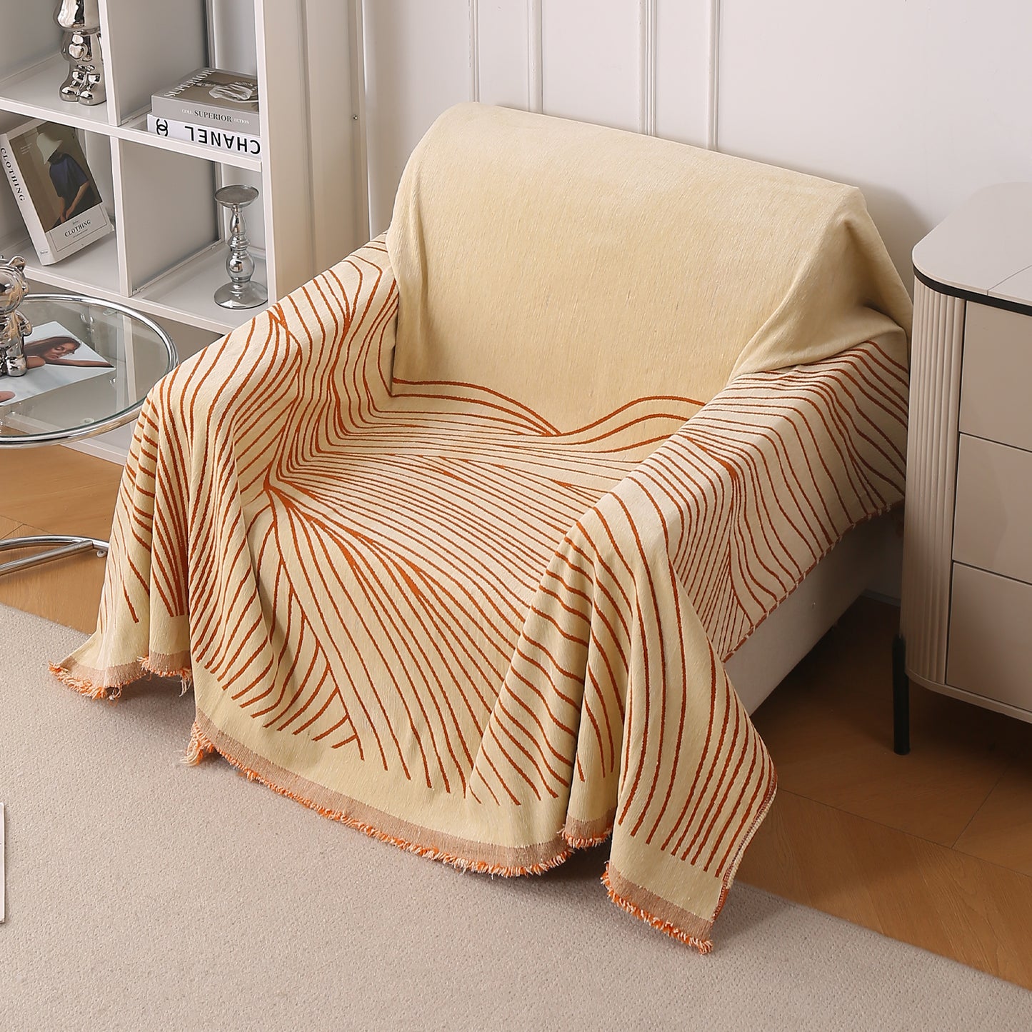 WaveLoom Collection Printed Chenille Sofa Cover Throw, Orange