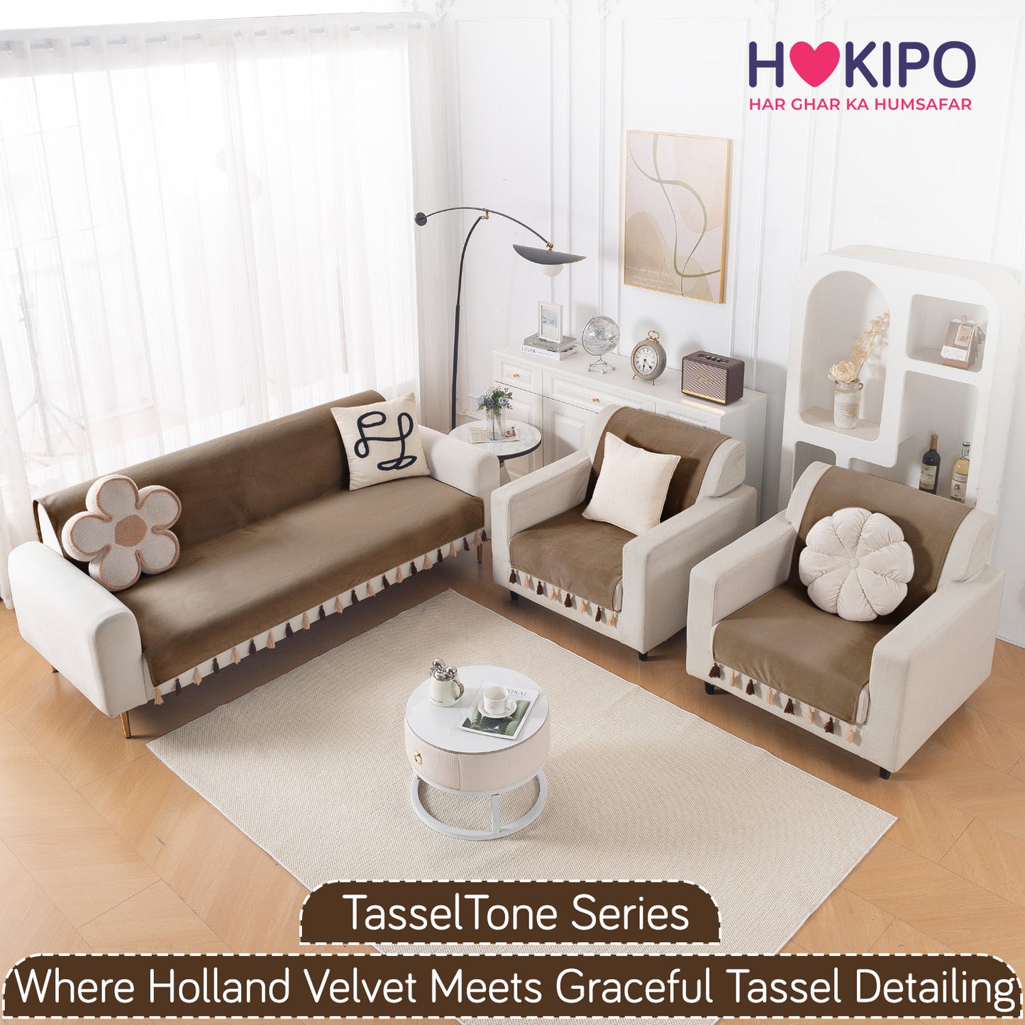 Holland Velvet 5-Seater Sofa Cover (3+1+1), TasselTone Series | Warm Taupe