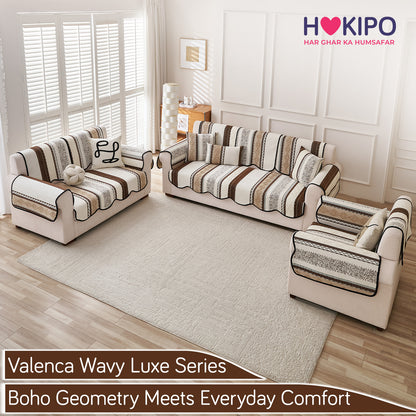 HOKIPO Boho Geometry Sofa Cover Mat|'Valenca Wavy Luxe Series' Earth Brown