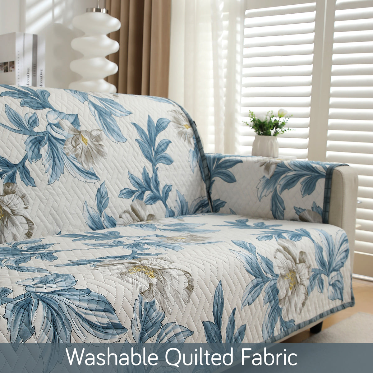 Quilted Sofa Cover with Pockets, Celadon Blue Camellia