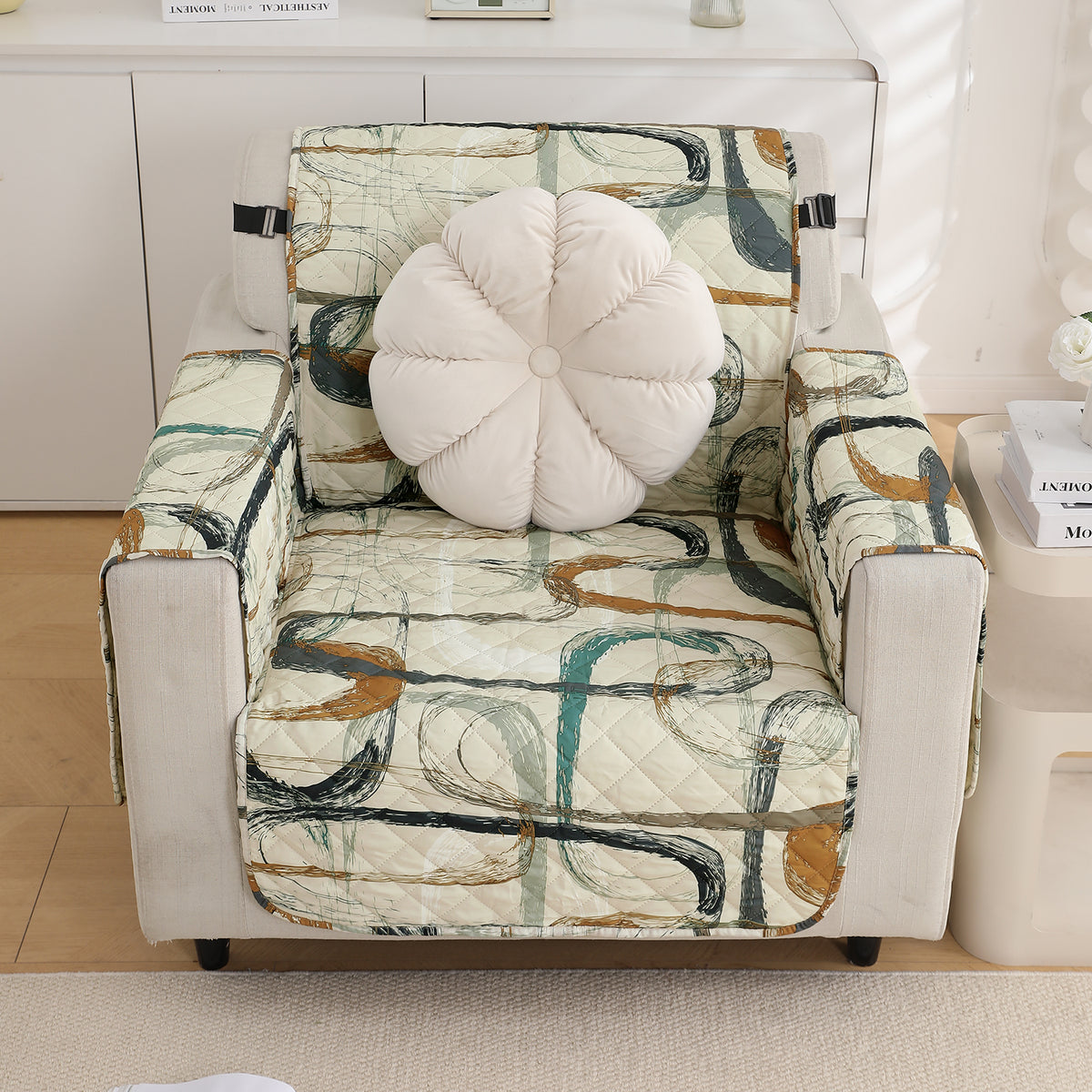 Waterproof & Quick-Dry Quilted Sofa Cover with Pockets on Armrest, Parchement Beige Abstract Art