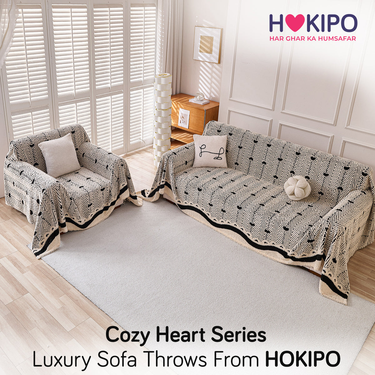Buy Jade Black Cream Colour Cozy Heart Series Luxury Plush Sofa Throw for 3 1​ Seater Sofa Set | HOKIPO